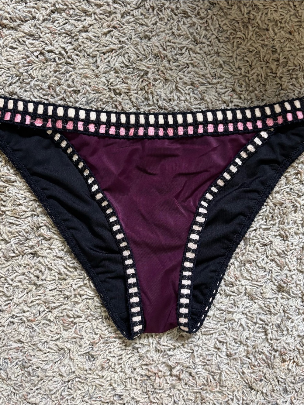 Y2K Black & Burgundy Bikini Bottoms | Pink & Cream Trim | Vintage Inspired